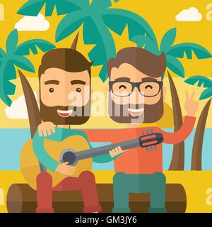 Two men playing a guitar at the beach Stock Vector