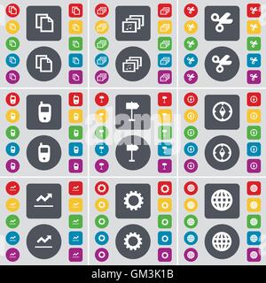 Copy, Gallery, Scissors, Mobile phone, Signpost, Compass, Graph, Gear, Globe icon symbol. A large set of flat, colored buttons for your design. Vector Stock Vector