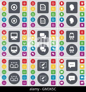 Arrow down, File, Silhouette, Monitor, Chat, Train, Cassette, Monitor, Chat bubble icon symbol. A large set of flat, colored buttons for your design. Vector Stock Vector