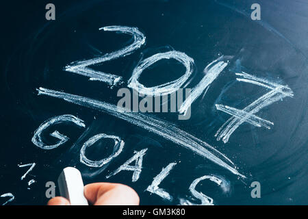Plan a list of goals for 2017 hand written on a blackboard. Stock Photo
