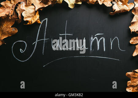 yellow leaves and the inscription autumn on a blackboard. Stock Photo