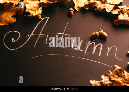 yellow leaves and the inscription autumn on a blackboard vintage style. Stock Photo