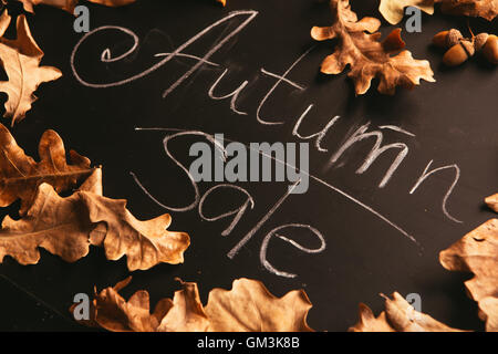 yellow leaves and the words autumn sale on a blackboard vintage style. Stock Photo