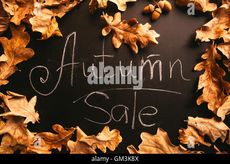 yellow leaves and the words autumn sale on a blackboard vintage style. Stock Photo