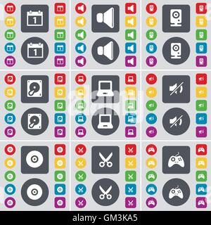 Camera, Sound, Speaker, Hard drive, Laptop, Mute, Disk, Scissors, Gamepad icon symbol. A large set of flat, colored buttons for your design. Vector Stock Vector