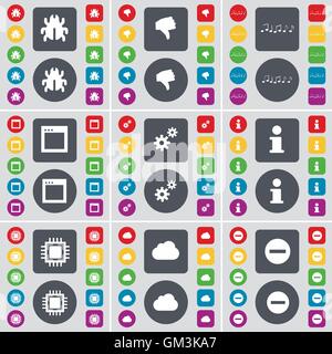 Bug, Dislike, Note, Window, Gear, Information, Processor, Cloud, Minus icon symbol. A large set of flat, colored buttons for your design. Vector Stock Vector
