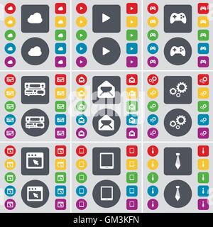 Cloud, Media play, Gamepad, Record-player, Message, Gear, Window, Tablet PC, Tie icon symbol. A large set of flat, colored buttons for your design. Vector Stock Vector