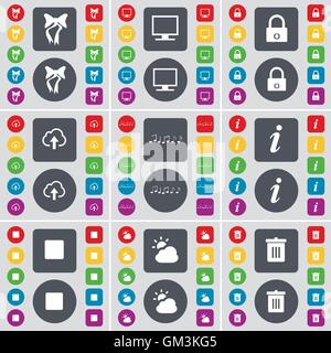 Bow, Monitor, Lock, Cloud, Notes, Information, Media stop, Weather, Trash can icon symbol. A large set of flat, colored buttons for your design. Vector Stock Vector