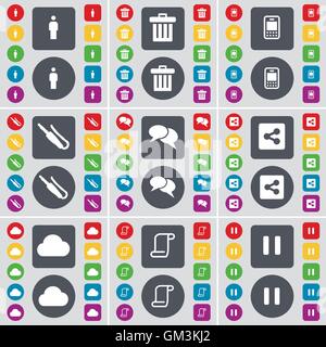Silhouette, Trash can, Mobile phone, Microphone connector, Chat, Share, Cloud, Scroll, Pause icon symbol. A large set of flat, colored buttons for your design. Vector Stock Vector