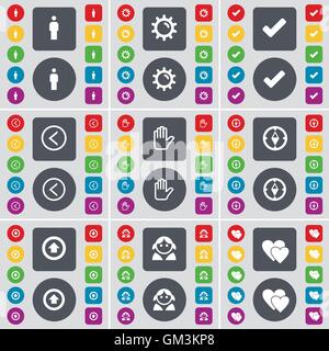 Silhouette, Gear, Tick, Arrow left, Hand, Compass, Arrow up, Avatar, Heart icon symbol. A large set of flat, colored buttons for your design. Vector Stock Vector