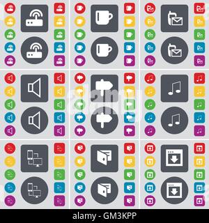 Router, Cup, SMS, Sound, Signpost, Note, Connection, Wallet, Window icon symbol. A large set of flat, colored buttons for your design. Vector Stock Vector