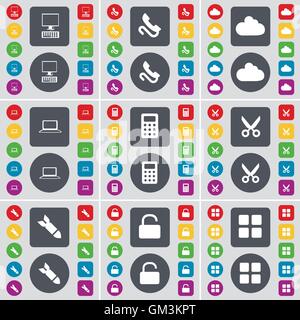 PC, Receiver, Cloud, Laptop, Calculator, Scissors, Rocket, Lock, Apps icon symbol. A large set of flat, colored buttons for your design. Vector Stock Vector