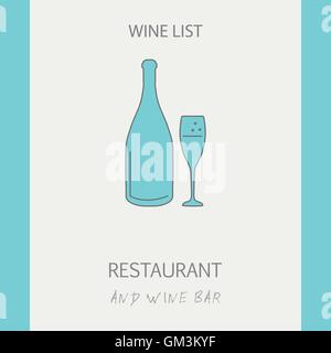 Wine List Card Design. Thin line illustration of champagne bottle and glass Stock Vector