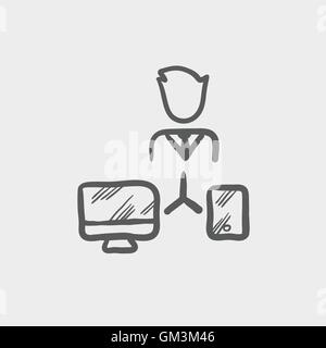 Man with computer set sketch icon Stock Vector