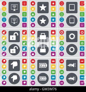 Monitor, Star, Tablet PC, Lock, Gear, Hand, Charging, Trumped icon symbol. A large set of flat, colored buttons for your design. Vector Stock Vector