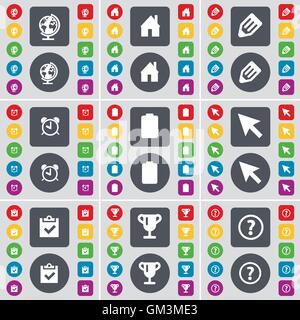Globe, House, Pencil, Alarm clock, Battery, Cursor, Survey, Cup, Question mark icon symbol. A large set of flat, colored buttons for your design. Vector Stock Vector
