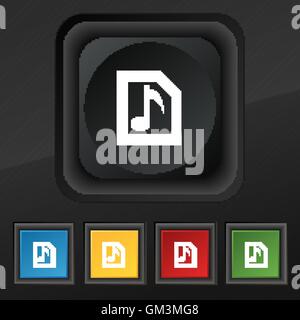 Audio, MP3 file  icon symbol. Set of five colorful, stylish buttons on black texture for your design. Vector Stock Vector