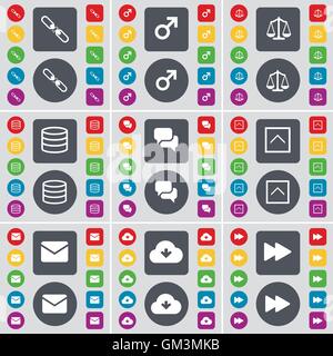 Link, Mars symbol, Scales, Database, Chat, Arrow up, Message, Cloud, Rewind icon symbol. A large set of flat, colored buttons for your design. Vector Stock Vector