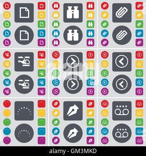 File, Binoculars, Clip, Helicopter, Arrow right, Arrow left, Sta icon symbol. A large set of flat, colored buttons for your design. Vector Stock Vector