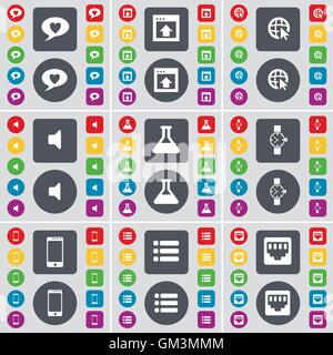 Chat bubble, Window, Web cursor, Sound, Flask, Wrist watch, Smartphone, List, LAN socket icon symbol. A large set of flat, color Stock Vector