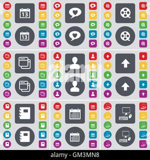 Calendar, Chat bubble, Videotape, Window, Avatar, Arrow up, Notebook, Calendar, PC icon symbol. A large set of flat, colored buttons for your design. Vector Stock Vector