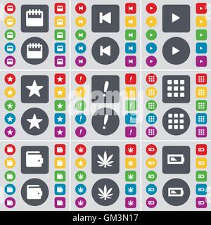 Calendar, Media skip, Media play, Star, Exclamation mark, Apps, Wallet, Marijuana, Battery icon symbol. A large set of flat, colored buttons for your design. Vector Stock Vector