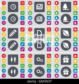 Clock, Newspaper, Firtree, Pencil, File, Planet, Silhouette, Gear, Gift icon symbol. A large set of flat, colored buttons for your design. Vector Stock Vector