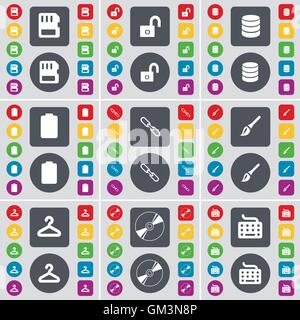 SIM card, Lock, Database, Battery, Link, Brush, Hanger, Disk, Keyboard icon symbol. A large set of flat, colored buttons for your design. Vector Stock Vector