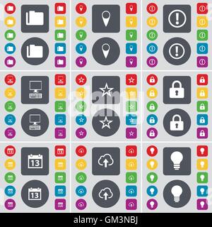 Folder, Checkpoint, Warning, PC, Star, Lock, Calendar, Cloud, Light bulb icon symbol. A large set of flat, colored buttons for your design. Vector Stock Vector