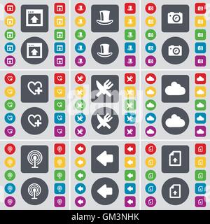 Window, Silk hat, Camera, Heart, Fork and knife, Cloud, Wi-Fi, Arrow left, Upload file icon symbol. A large set of flat, colored buttons for your design. Vector Stock Vector