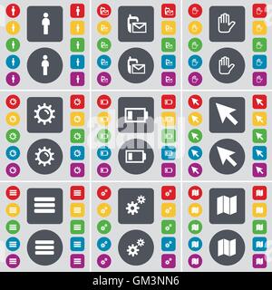 Silhouette, SMS, Hand, Gear, Battery, Cursor, Apps, Gear, Map icon symbol. A large set of flat, colored buttons for your design. Vector Stock Vector