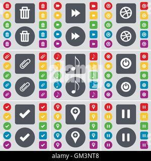 Trash can, Rewind, Ball, Clip, Note, Power, Tick, Checkpoint, Pause icon symbol. A large set of flat, colored buttons for your design. Vector Stock Vector