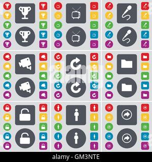 Cup, Retro TV, Microphone, CCTV, Reload, Folder, Lock, Silhouette, Back icon symbol. A large set of flat, colored buttons for your design. Vector Stock Vector