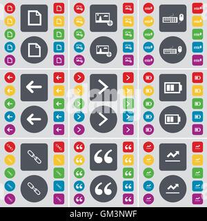 File, Picture, Keyboard, Arrow left, Arrow right, Battery, Link, Quotation mark, Graph icon symbol. A large set of flat, colored buttons for your design. Vector Stock Vector