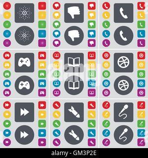 Star, Dislike, Receiver, Gamepad, Book, Ball, Rewind, Rocket, Microphone icon symbol. A large set of flat, colored buttons for your design. Vector Stock Vector