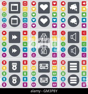 Window, Heart, CCTV, Rewind, Packing, Sound, Medal, Record-player, Apps icon symbol. A large set of flat, colored buttons for your design. Vector Stock Vector