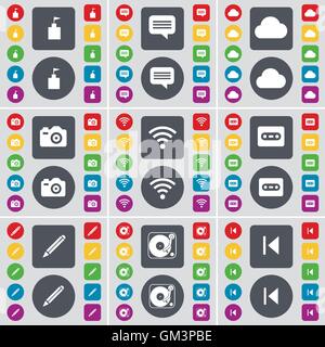 Flag tower, Chat bubble, Cloud, Camera, Wi-Fi, Cassette, Pencil, Gramophone, Media skip icon symbol. A large set of flat, colore Stock Vector