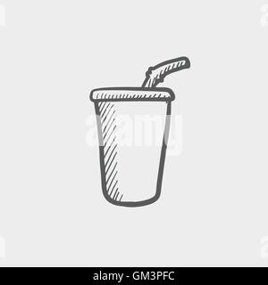 Disposable cup with lid and straw sketch icon Stock Vector