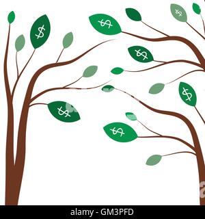 Money trees. Business concept with white dollar signs on the green tree leaves. Stock Vector