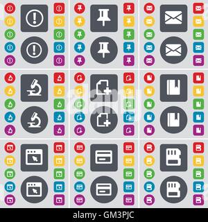 Warning, Pin, Message, Microscope, File, Dictionary, Window, Credit card, SIM card icon symbol. A large set of flat, colored buttons for your design. Vector Stock Vector
