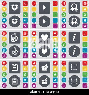 Dropbox, Media play, Medal, MP3 player, Heart, Information, Survey, Basket, Frame icon symbol. A large set of flat, colored buttons for your design. Vector Stock Vector