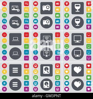 Picture, Projector, Wineglass, Laptop, Monitor, Apps, Hard drive, Heart icon symbol. A large set of flat, colored buttons for your design. Vector Stock Vector