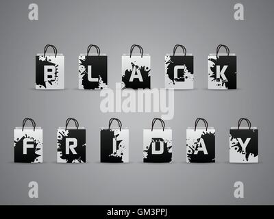 Black friday shopping bags with splattered letters Stock Vector