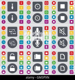 Tie, Compass, Media stop, Connection, Microphone, Mute, Lock, Folder, File icon symbol. A large set of flat, colored buttons for your design. Vector Stock Vector