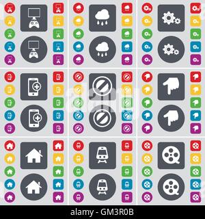 Game console, Cloud, Gear, Smartphone, Stop, Hand, House, Train, Videotape icon symbol. A large set of flat, colored buttons for your design. Vector Stock Vector