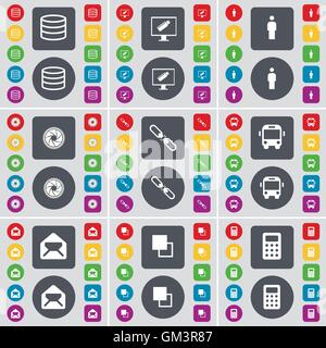 Database, Monitor, Silhouette, Lens, Link, Bus, Message, Copy, Calculator icon symbol. A large set of flat, colored buttons for your design. Vector Stock Vector