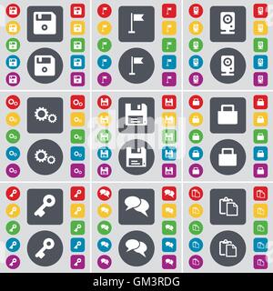 Floppy, Golf hole, Speaker, Gear, Floppy, Lock, Key, Chat, Survey icon symbol. A large set of flat, colored buttons for your design. Vector Stock Vector