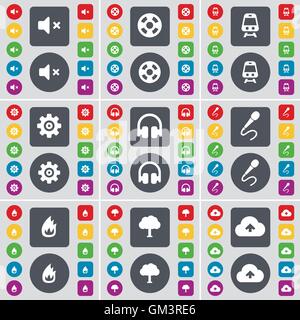 Mute, Videotape, Train, Gear, Headphones, Microphone, Fire, Tree, Cloud icon symbol. A large set of flat, colored buttons for your design. Vector Stock Vector