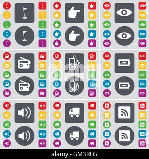Golf hole, Hand, Vision, Radio, MP3 player, Charging, Sound, Truck, RSS icon symbol. A large set of flat, colored buttons for yo Stock Vector