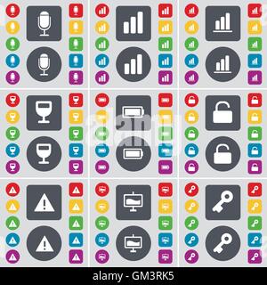 Microphone, Diagram, Wineglass, Battery, Lock, Warning, Graph, Key icon symbol. A large set of flat, colored buttons for your design. Vector Stock Vector